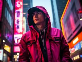 Man in future proof clothes enjoys a leisurely stroll through a neon lit city streets AI Generative photo