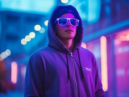 Man in future proof clothes enjoys a leisurely stroll through a neon lit city streets AI Generative photo