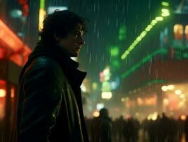 Man in future proof clothes enjoys a leisurely stroll through a neon lit city streets AI Generative photo
