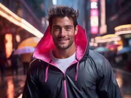 Man in future proof clothes enjoys a leisurely stroll through a neon lit city streets AI Generative photo