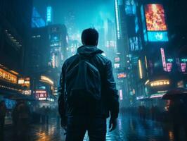 Man in future proof clothes enjoys a leisurely stroll through a neon lit city streets AI Generative photo