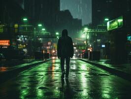 Man in future proof clothes enjoys a leisurely stroll through a neon lit city streets AI Generative photo