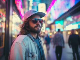 hombre en futuro prueba ropa disfruta un sin prisa paseo mediante un neón iluminado ciudad calles ai generativo foto