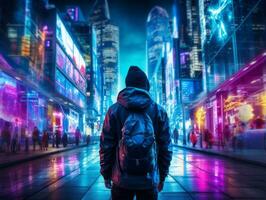 Man in future proof clothes enjoys a leisurely stroll through a neon lit city streets AI Generative photo