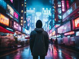 Man in future proof clothes enjoys a leisurely stroll through a neon lit city streets AI Generative photo