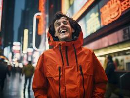 Man in future proof clothes enjoys a leisurely stroll through a neon lit city streets AI Generative photo