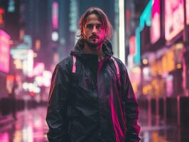 Man in future proof clothes enjoys a leisurely stroll through a neon lit city streets AI Generative photo