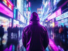 Man in future proof clothes enjoys a leisurely stroll through a neon lit city streets AI Generative photo