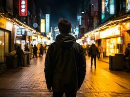 hombre en futuro prueba ropa disfruta un sin prisa paseo mediante un neón iluminado ciudad calles ai generativo foto