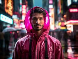 Man in future proof clothes enjoys a leisurely stroll through a neon lit city streets AI Generative photo