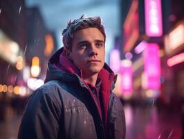 Man in future proof clothes enjoys a leisurely stroll through a neon lit city streets AI Generative photo