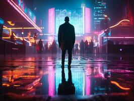 Man in future proof clothes enjoys a leisurely stroll through a neon lit city streets AI Generative photo