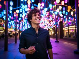 Man in future proof clothes enjoys a leisurely stroll through a neon lit city streets AI Generative photo