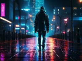 Man in future proof clothes enjoys a leisurely stroll through a neon lit city streets AI Generative photo