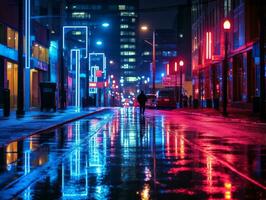 Man in future proof clothes enjoys a leisurely stroll through a neon lit city streets AI Generative photo