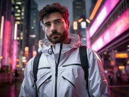 Man in future proof clothes enjoys a leisurely stroll through a neon lit city streets AI Generative photo