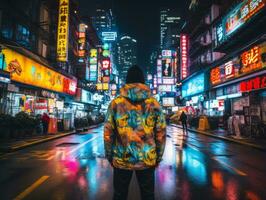 hombre en futuro prueba ropa disfruta un sin prisa paseo mediante un neón iluminado ciudad calles ai generativo foto