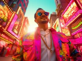 Man in future proof clothes enjoys a leisurely stroll through a neon lit city streets AI Generative photo