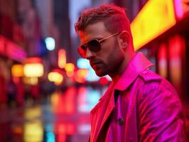 Man in future proof clothes enjoys a leisurely stroll through a neon lit city streets AI Generative photo
