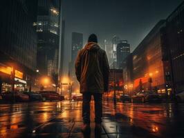 Man in future proof clothes enjoys a leisurely stroll through a neon lit city streets AI Generative photo