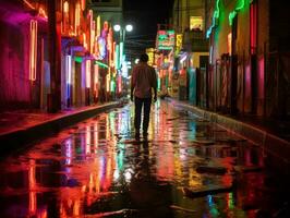 Man in future proof clothes enjoys a leisurely stroll through a neon lit city streets AI Generative photo