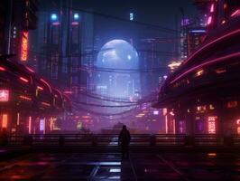 Man in future proof clothes enjoys a leisurely stroll through a neon lit city streets AI Generative photo