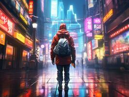 Man in future proof clothes enjoys a leisurely stroll through a neon lit city streets AI Generative photo