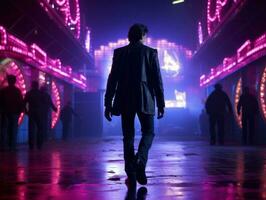 hombre en futuro prueba ropa disfruta un sin prisa paseo mediante un neón iluminado ciudad calles ai generativo foto