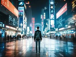 hombre en futuro prueba ropa disfruta un sin prisa paseo mediante un neón iluminado ciudad calles ai generativo foto