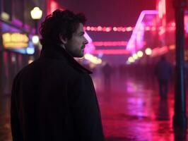 Man in future proof clothes enjoys a leisurely stroll through a neon lit city streets AI Generative photo