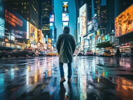 Man in future proof clothes enjoys a leisurely stroll through a neon lit city streets AI Generative photo