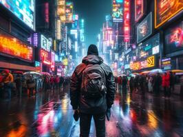 Man in future proof clothes enjoys a leisurely stroll through a neon lit city streets AI Generative photo