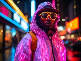 hombre en futuro prueba ropa disfruta un sin prisa paseo mediante un neón iluminado ciudad calles ai generativo foto