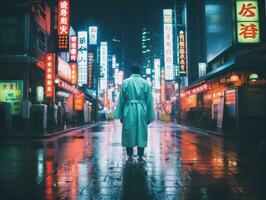 Man in future proof clothes enjoys a leisurely stroll through a neon lit city streets AI Generative photo