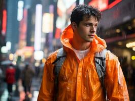 Man in future proof clothes enjoys a leisurely stroll through a neon lit city streets AI Generative photo