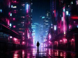 Man in future proof clothes enjoys a leisurely stroll through a neon lit city streets AI Generative photo