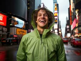 Man in future proof clothes enjoys a leisurely stroll through a neon lit city streets AI Generative photo