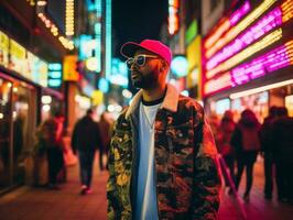 hombre en futuro prueba ropa disfruta un sin prisa paseo mediante un neón iluminado ciudad calles ai generativo foto