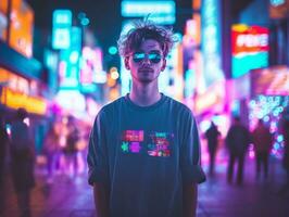 Man in future proof clothes enjoys a leisurely stroll through a neon lit city streets AI Generative photo