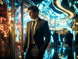 Man in future proof clothes enjoys a leisurely stroll through a neon lit city streets AI Generative photo