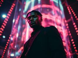 Man in future proof clothes enjoys a leisurely stroll through a neon lit city streets AI Generative photo