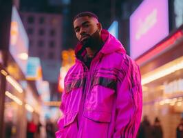 Man in future proof clothes enjoys a leisurely stroll through a neon lit city streets AI Generative photo