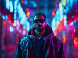 Man in future proof clothes enjoys a leisurely stroll through a neon lit city streets AI Generative photo