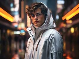 Man in future proof clothes enjoys a leisurely stroll through a neon lit city streets AI Generative photo