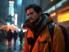 Man in future proof clothes enjoys a leisurely stroll through a neon lit city streets AI Generative photo
