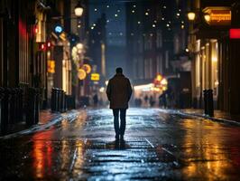 hombre en futuro prueba ropa disfruta un sin prisa paseo mediante un neón iluminado ciudad calles ai generativo foto