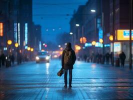 Man in future proof clothes enjoys a leisurely stroll through a neon lit city streets AI Generative photo