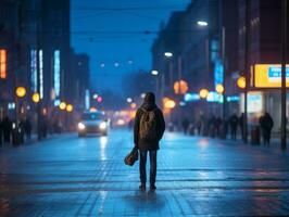 hombre en futuro prueba ropa disfruta un sin prisa paseo mediante un neón iluminado ciudad calles ai generativo foto