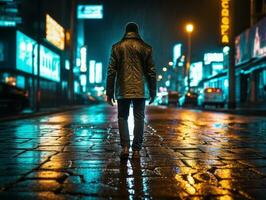 Man in future proof clothes enjoys a leisurely stroll through a neon lit city streets AI Generative photo