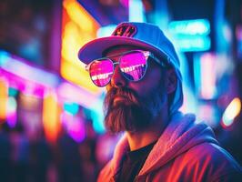 Man in future proof clothes enjoys a leisurely stroll through a neon lit city streets AI Generative photo